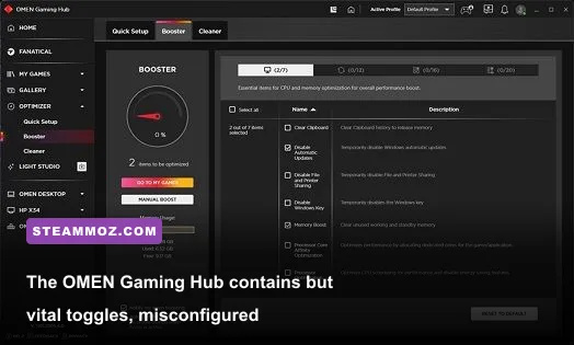 OMEN Gaming Hub interface showing network booster and performance controls