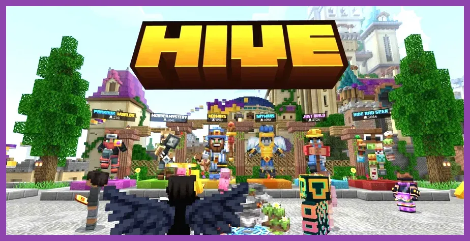 Minecraft Pocket Edition player standing in The Hive server lobby on a mobile device