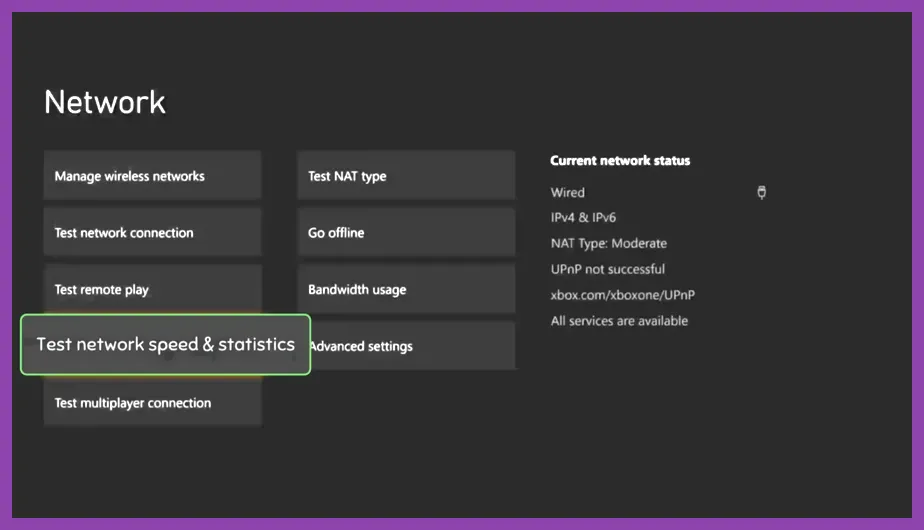 Xbox network statistics showing latency and packet loss