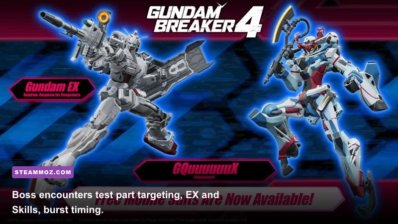 A custom Gunpla facing a large boss mobile suit in Gundam Breaker 4