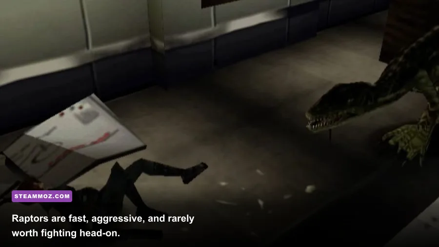 Regina fighting a velociraptor with a shotgun in Dino Crisis