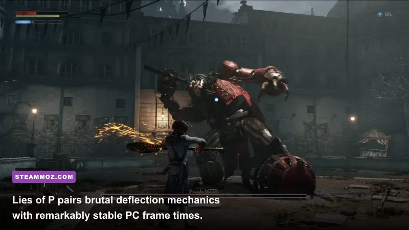 Lies of P Pinocchio parrying a massive puppet boss in the rain-slicked streets of Krat
