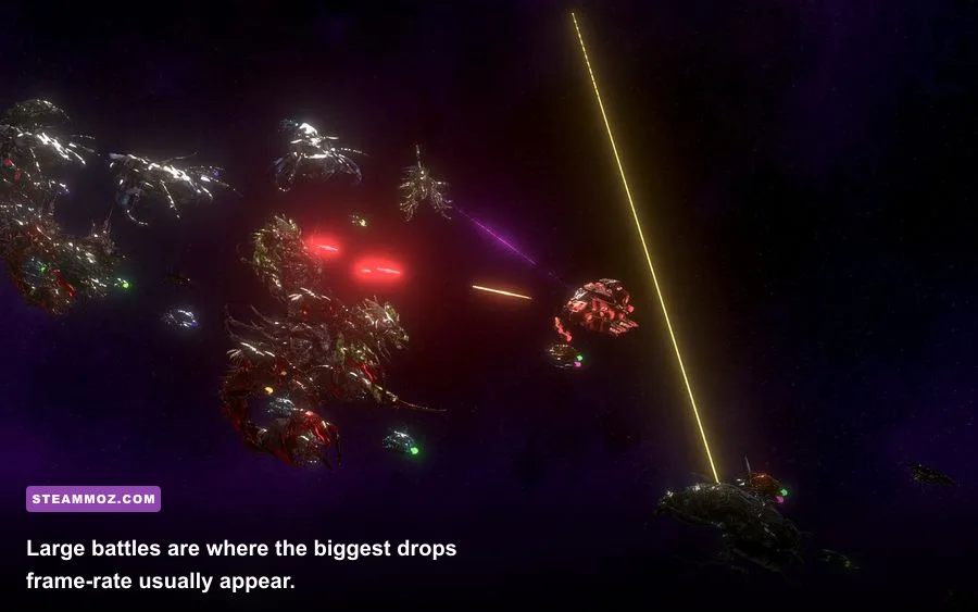 AI War 2 massive fleet battle with ships, projectiles, and effects on screen