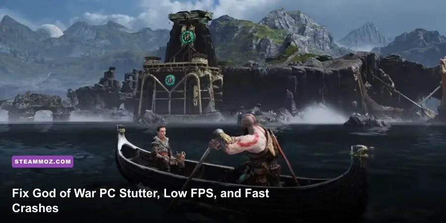 Kratos and Atreus overlooking the Lake of Nine in God of War PC