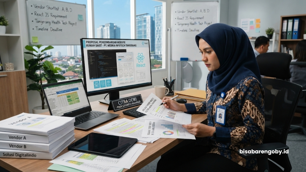 Manajer pengadaan menyeleksi dokumen proposal saat mencari vendor website rumah sakit untuk perusahaan di Tangerang berbasis React