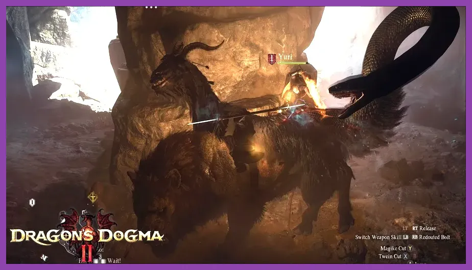 Arisen fighting a giant monster with spell effects in Dragon's Dogma 2