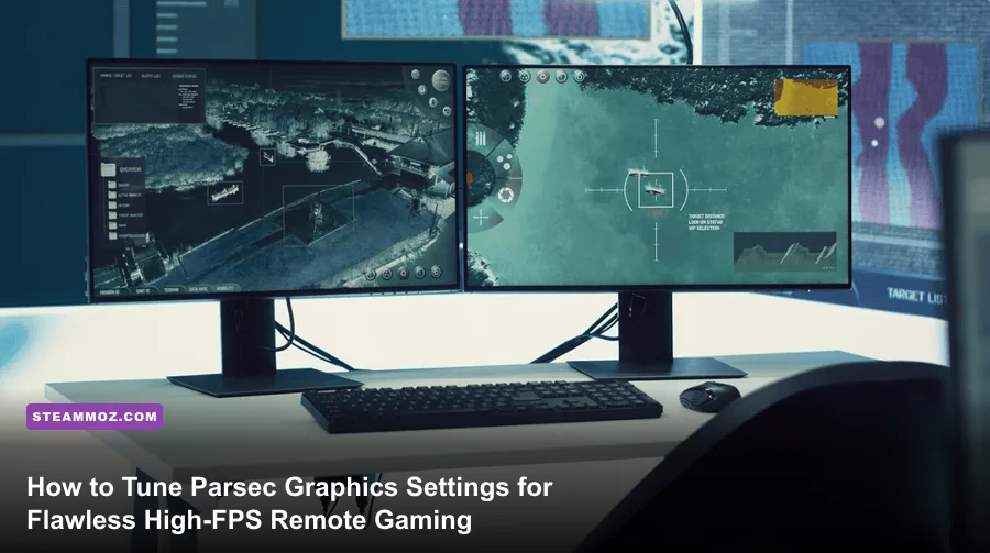 High performance PC remote desktop setup running Parsec stream on low latency monitor