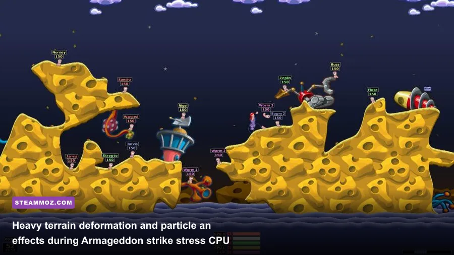 Massive terrain destruction caused by an Armageddon strike in Worms Reloaded