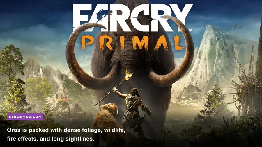 Far Cry Primal Oros open-world landscape with prehistoric animals