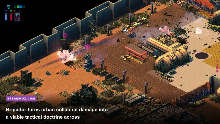 Heavy armored mech unleashing kinetic ordnance in Brigador Up-Armored Edition