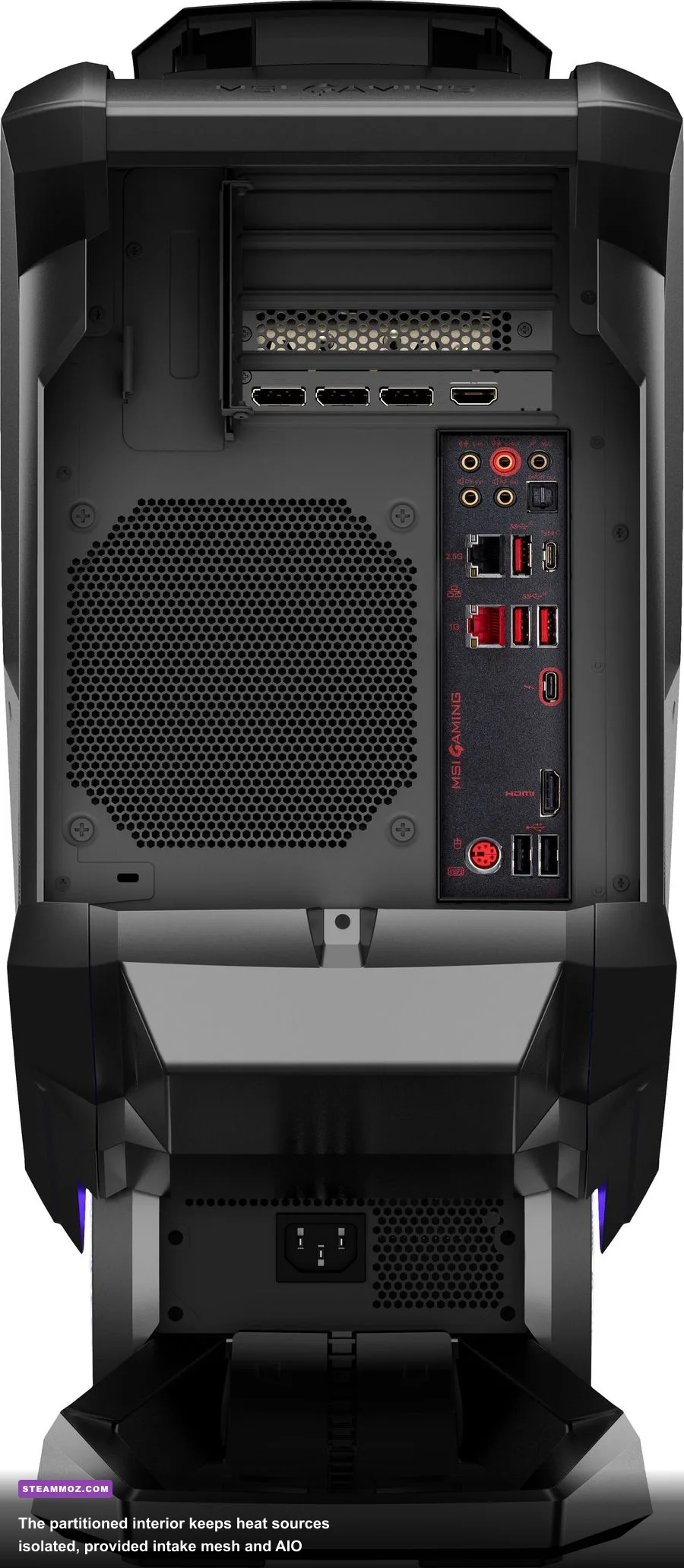 Interior view of the MSI MEG Aegis Ti5 showing partitioned thermal chambers and liquid cooling block