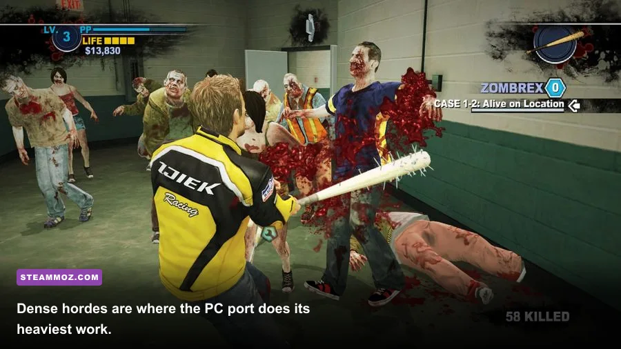 Chuck Greene battling a large zombie horde with a weapon in Dead Rising 2