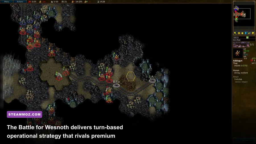 Overhead tactical hex view of Battle for Wesnoth showing terrain defense modifiers and army units