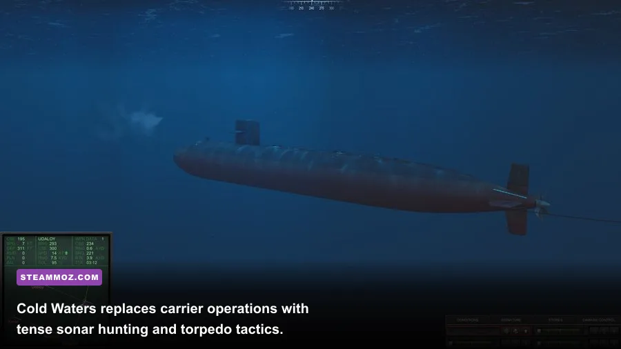 Cold Waters submarine tracking enemy warships before a torpedo attack