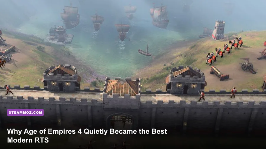 Epic siege warfare battle in Age of Empires 4 featuring trebuchets and knights