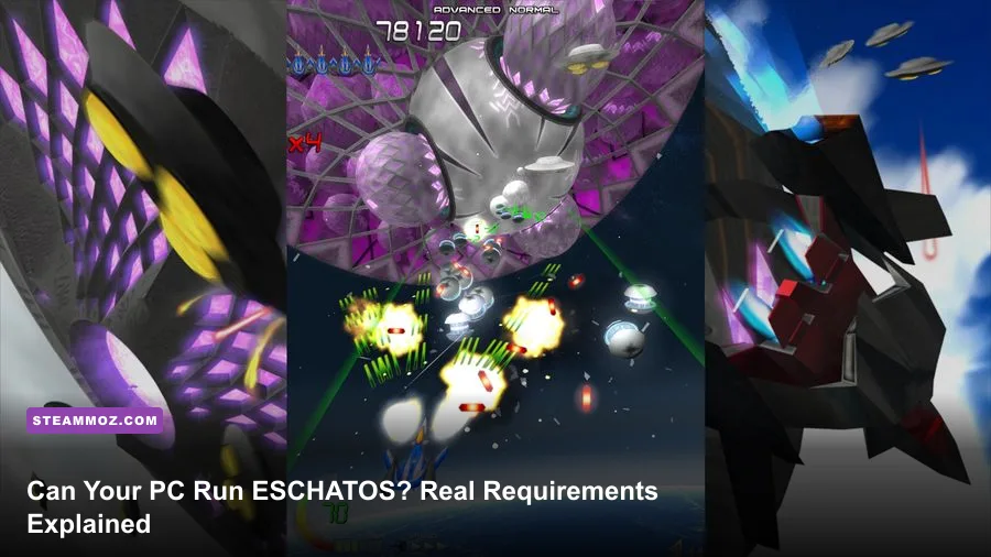 ESCHATOS PC gameplay showing a ship flying through dense space shooter bullet patterns