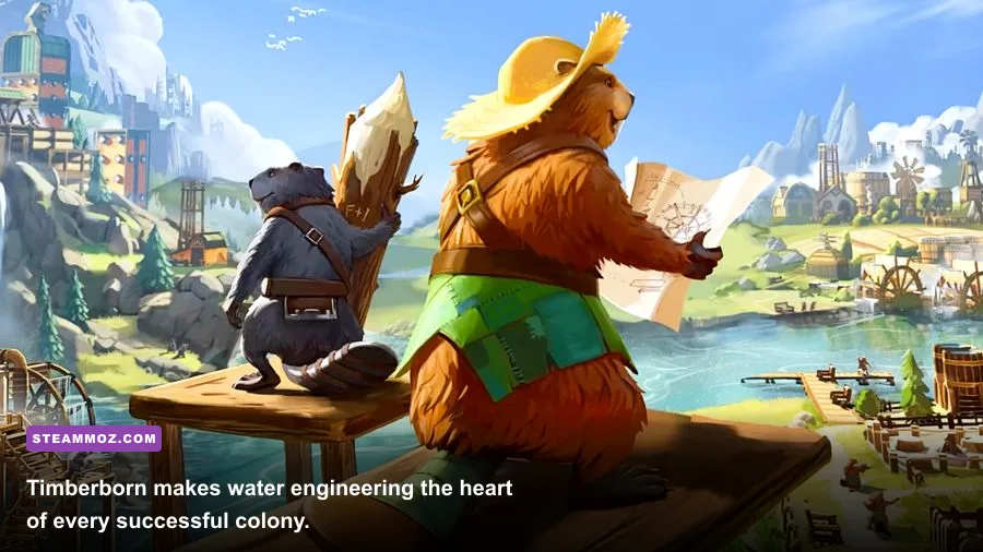 Timberborn beaver settlement using dams and canals to survive a drought