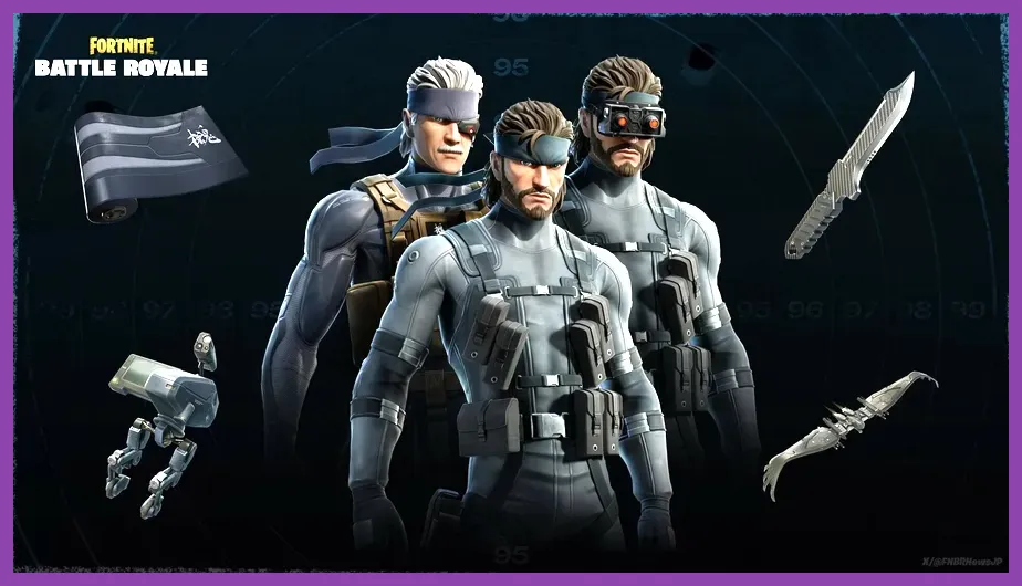 A-Tier Fortnite characters Midas and Solid Snake rendered in engine