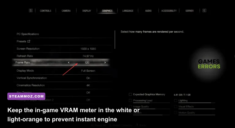 Resident Evil 4 Remake PC graphics settings menu showing VRAM usage meter