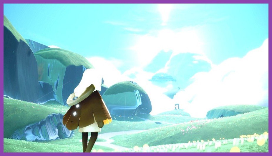 Sky Children of the Light character gliding through clouds towards golden sunlight