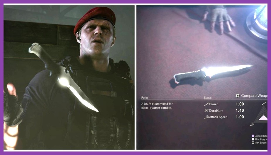 Knife upgrade menu showing damage and critical chance in Resident Evil 4 Remake