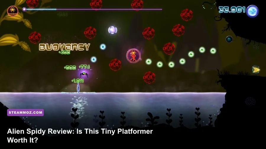 Alien Spidy swinging through a colorful jungle level