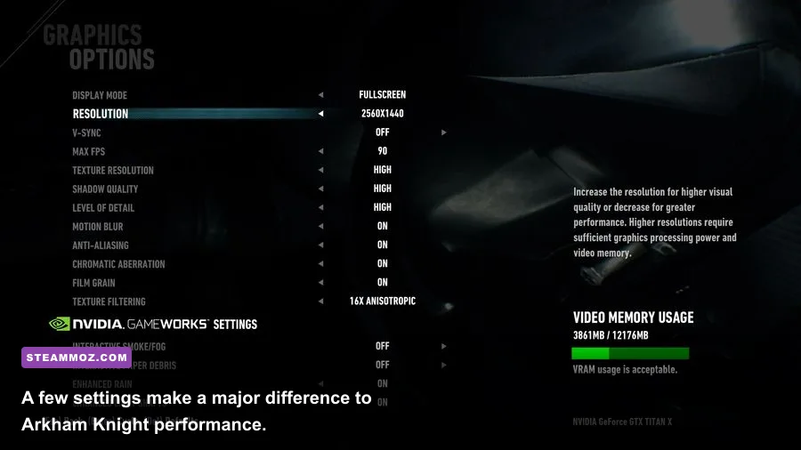 Batman Arkham Knight PC graphics settings including NVIDIA PhysX