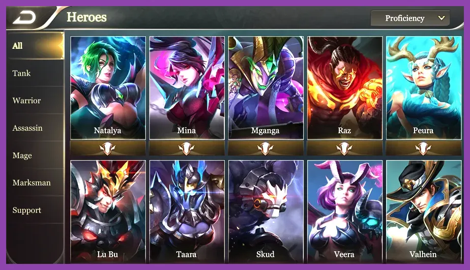 Arena of Valor character roster selection