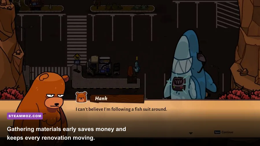 Hank collecting construction materials in the forest in Bear and Breakfast