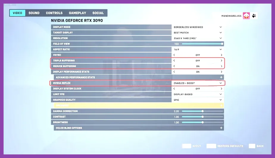 Overwatch 2 PC settings configured with NVIDIA Reflex enabled