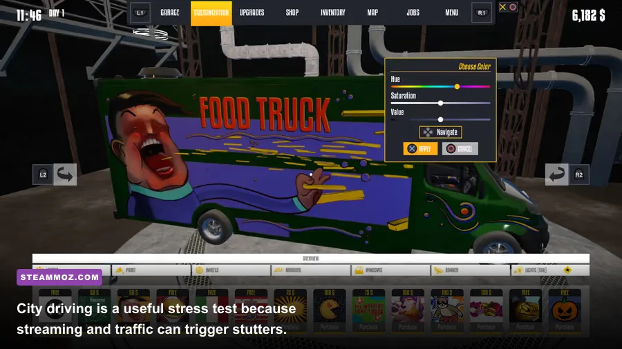 Food Truck Simulator vehicle driving through the city during PC gameplay