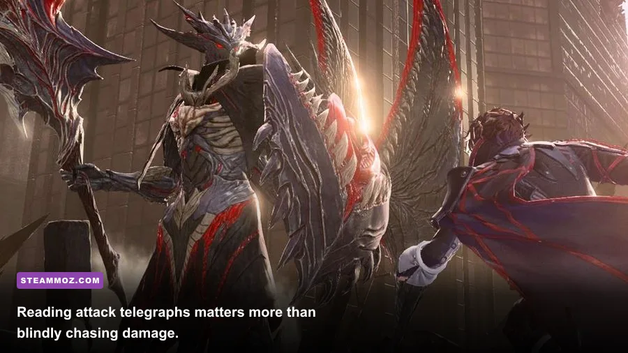 CODE VEIN player fighting the Queen's Knight boss in an arena