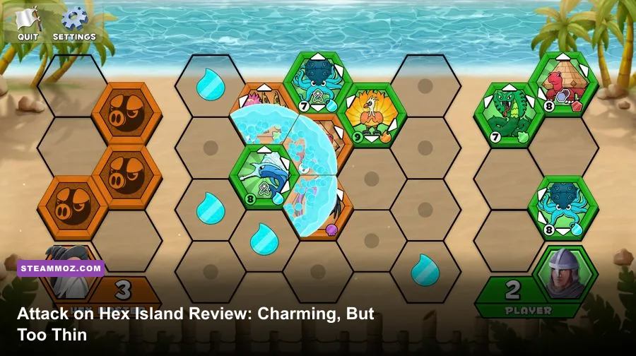 Attack on Hex Island gameplay showing a colorful hexagonal island battlefield