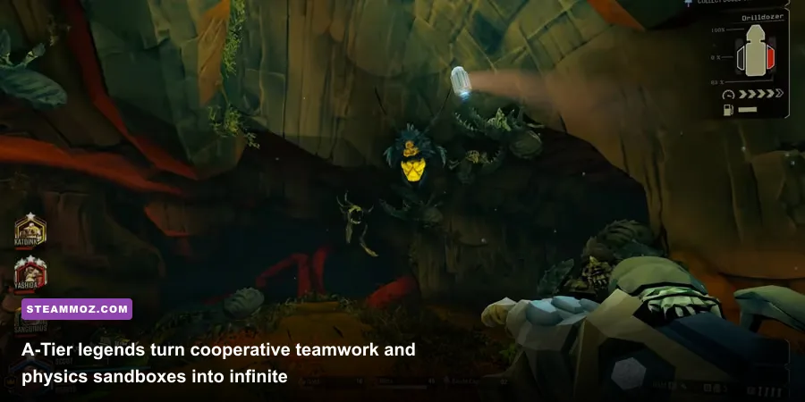 Deep Rock Galactic four player team fighting glyphid swarm inside dark biome