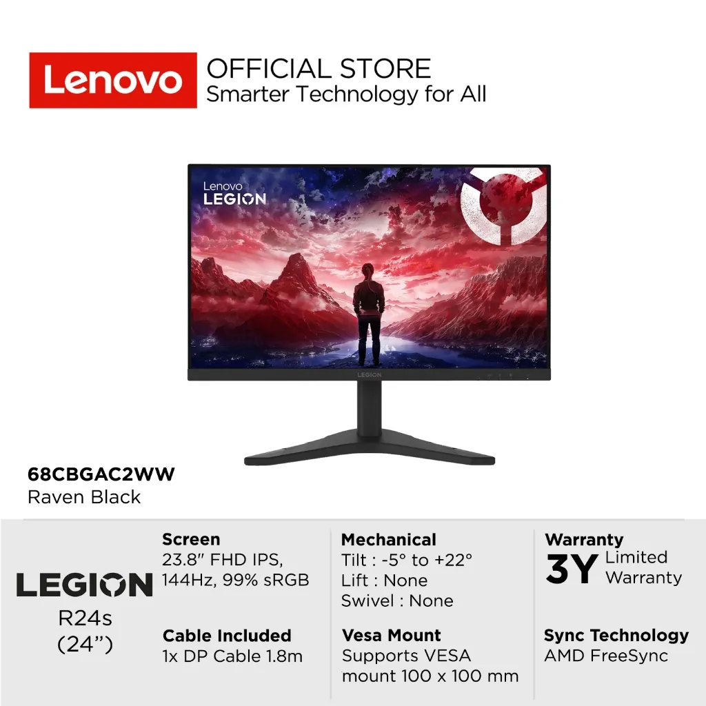 Lenovo Gaming Monitor Legion R24s 23.8" FHD IPS Antiglare 144Hz 250nits AMD FreeSync 99% sRGB Stand Tilt VESA Media FreeSync 68CBGAC2WW Raven Black 24inch NearEdgeless HDMI DP Garansi Resmi 3 Tahun