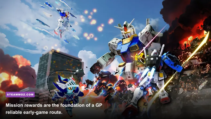 Gundam Breaker 4 mission reward screen showing GP and Gunpla parts