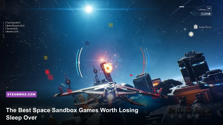Spaceship battling enemies in a colorful nebula in a sci-fi sandbox game