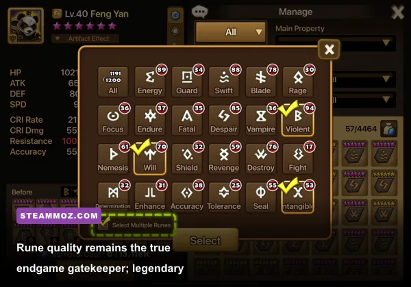 Summoners War rune inventory appraisal screen displaying legendary substats