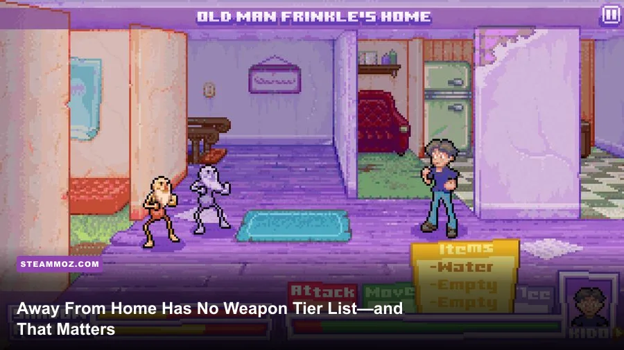 Away From Home gameplay scene showing the protagonist inside a detailed room