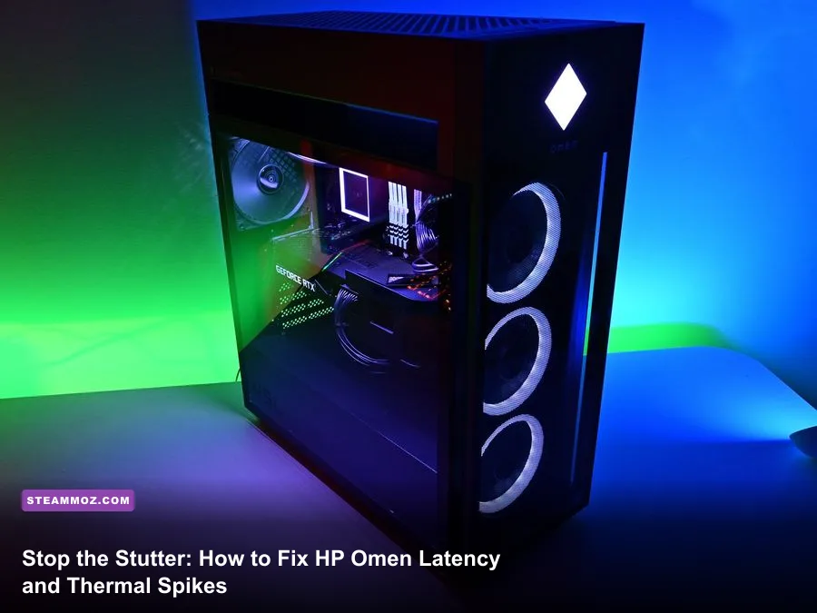HP Omen gaming desktop chassis showing interior components and liquid cooling