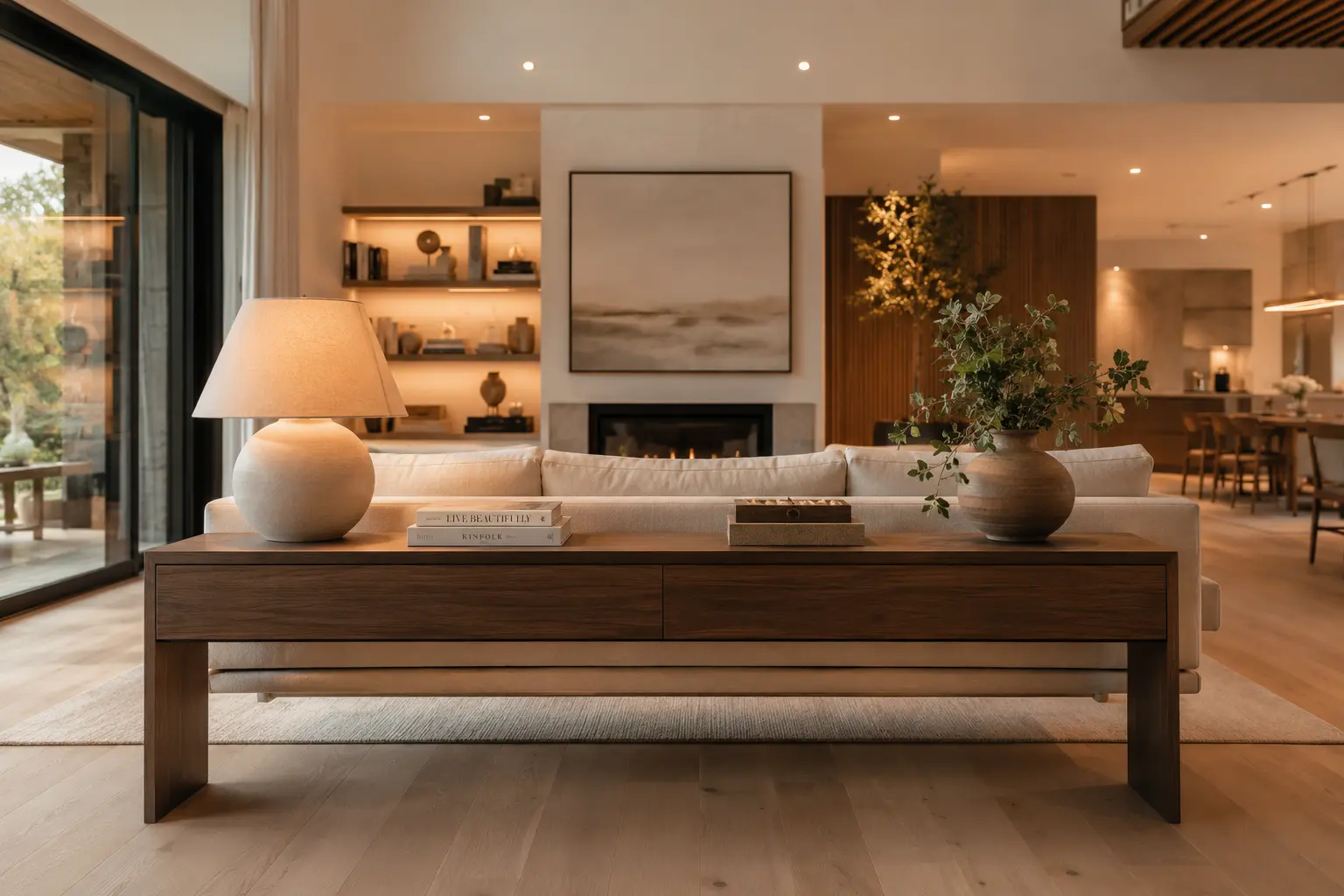 Console table styled behind a floating sofa in an open-concept living room