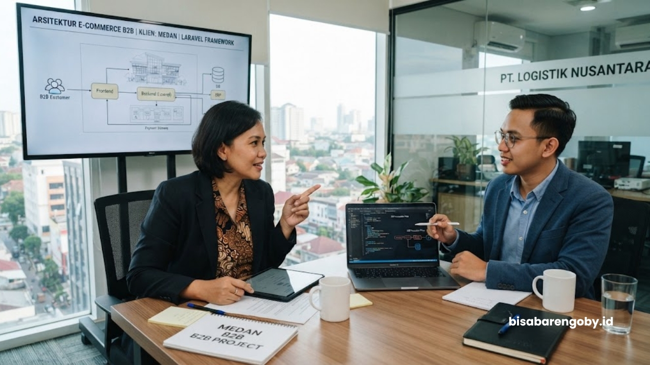 Direktur operasional berdiskusi dengan konsultan website ecommerce untuk perusahaan di Medan berbasis Laravel terkait arsitektur transaksi B2B