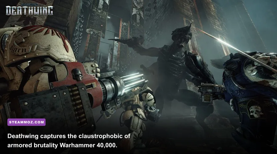 Space Marine Terminators battling Genestealers in a Space Hulk Deathwing corridor