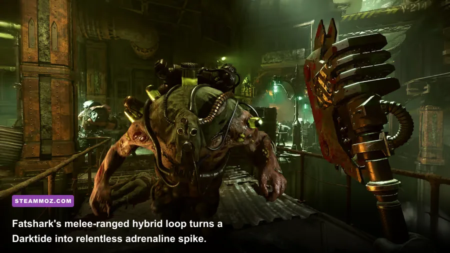 Warhammer 40000 Darktide team battling a Nurgle horde in Tertium