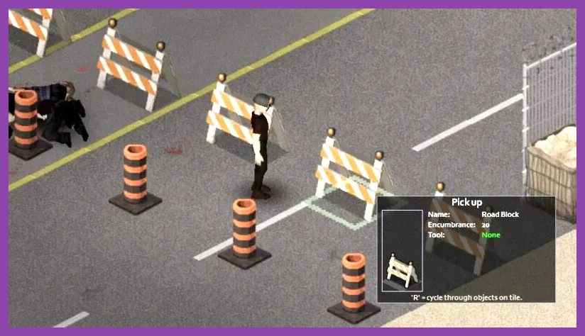 Project Zomboid Louisville military checkpoint with barricades tents and abandoned vehicles