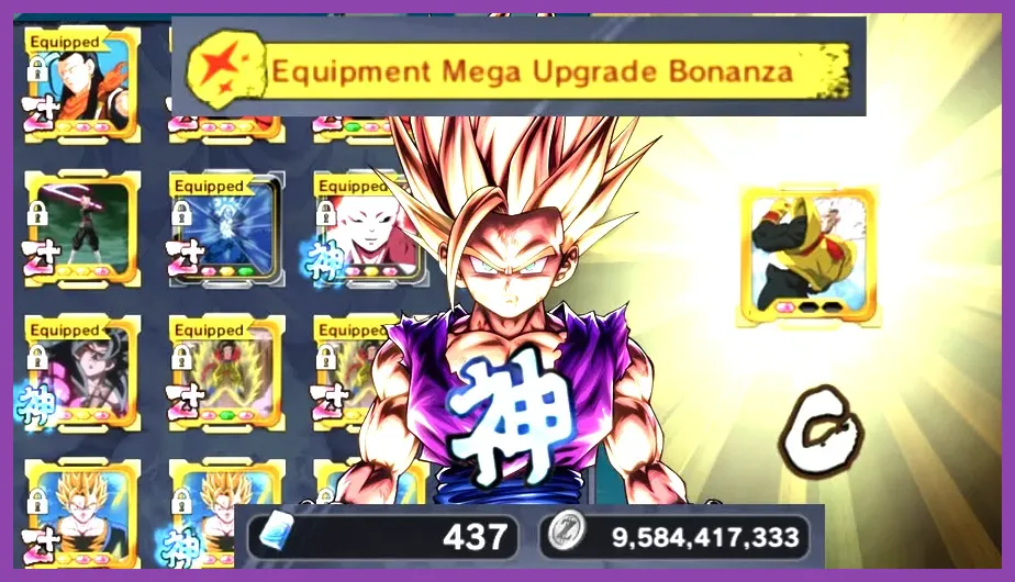 Dragon Ball Legends equipment management screen showing Awakened God rank equips