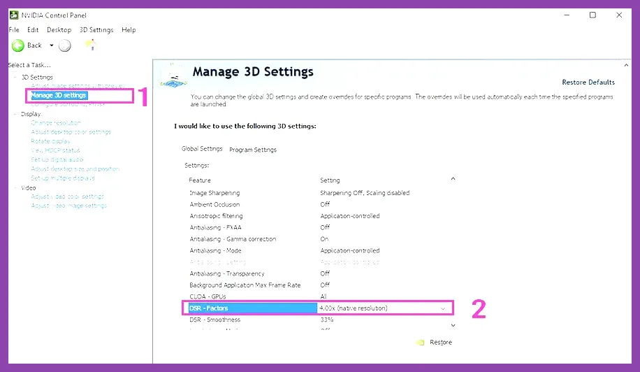 Nvidia Control Panel 3D settings window optimized for low latency and shader cache