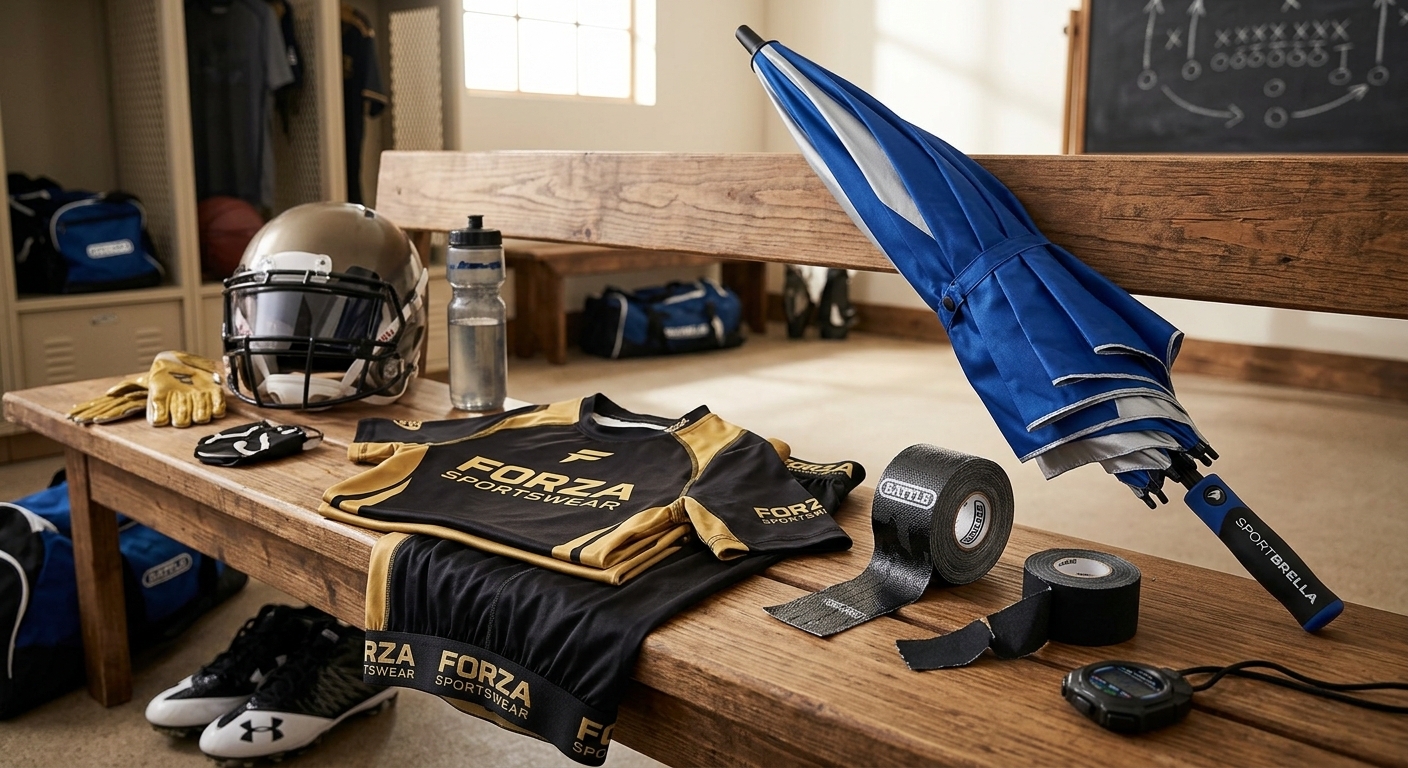 Game-day sports gear featuring Forza Sportswear, Battle Turf Tape, and Sportbrella