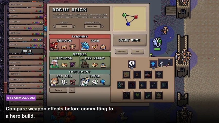 Hero's Hour Rogue Realms weapon artifact inventory showing swords and magical equipment