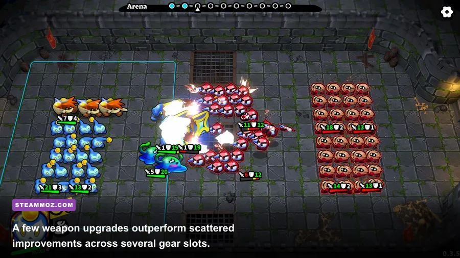 Knightica blacksmith upgrade screen showing weapons and armor
